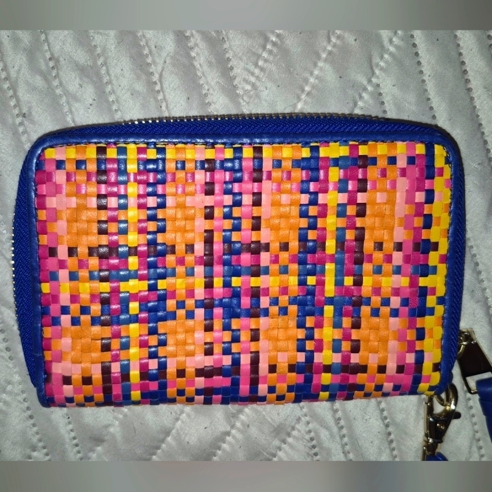 TORY BURCH JANE WOVEN LEATHER RAINBOW MULTI  WRISTLET WALLET - Picture 3 of 7